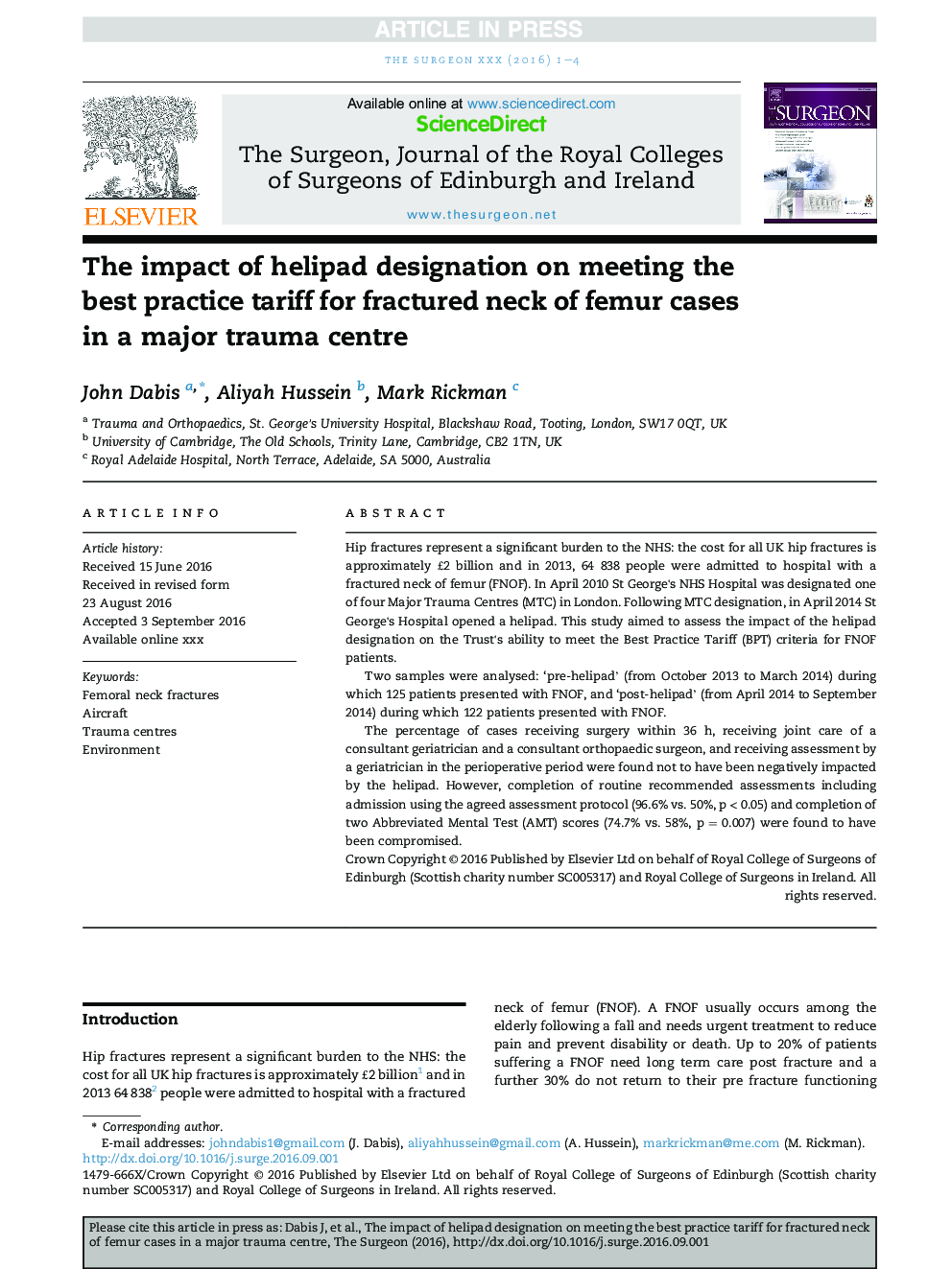The impact of helipad designation on meeting the best practice tariff for fractured neck of femur cases in a major trauma centre