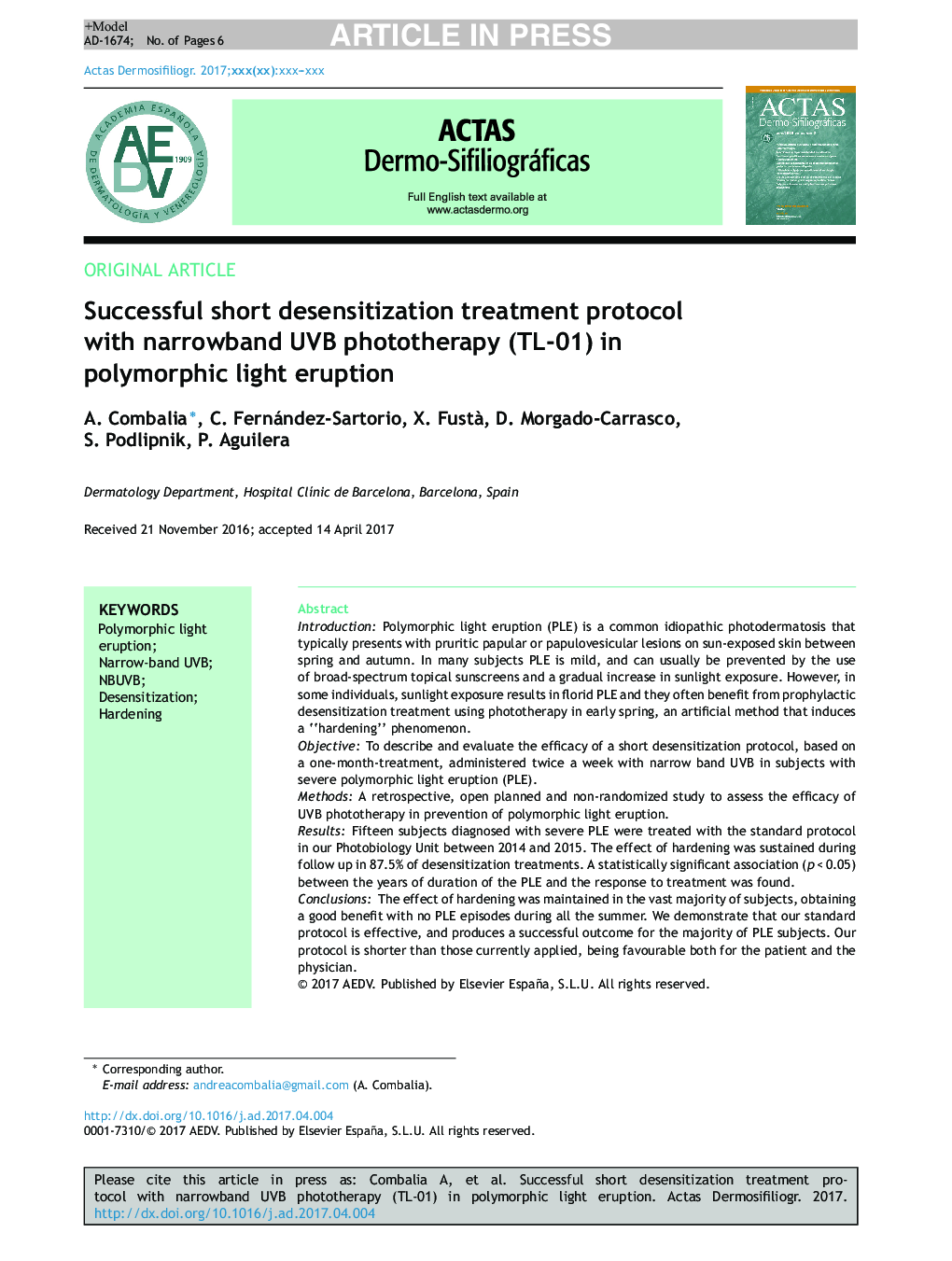 Successful Short Desensitization Treatment Protocol with Narrowband UVB Phototherapy (TL-01) in Polymorphic Light Eruption