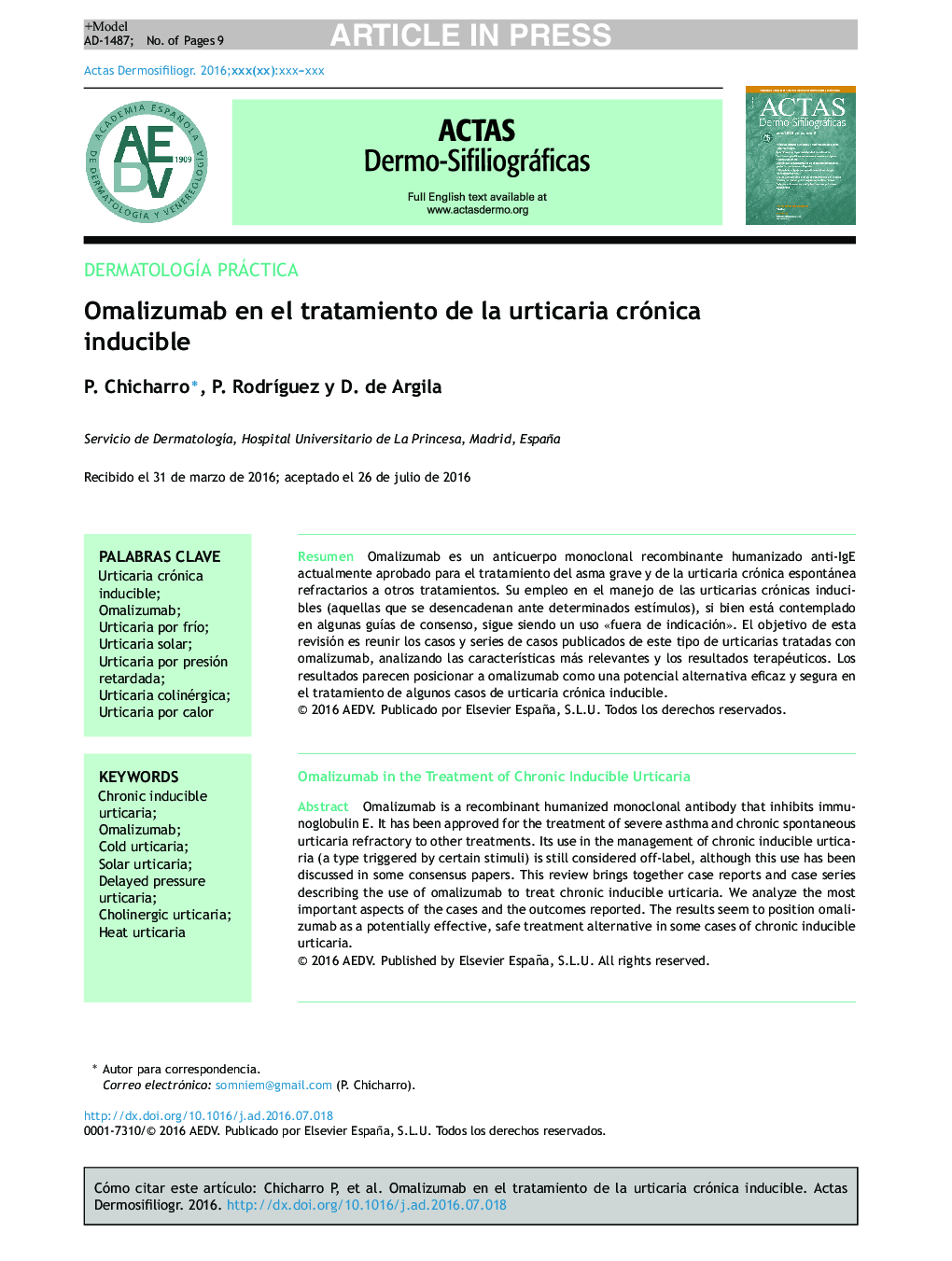 Omalizumab en el tratamiento de la urticaria crónica inducible