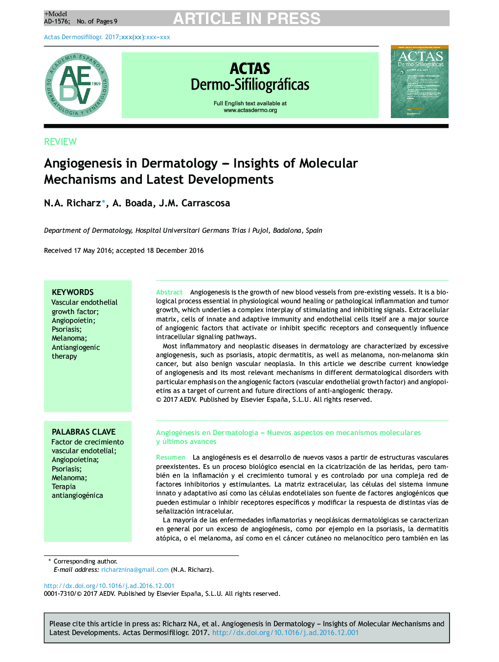 Angiogenesis in Dermatology - Insights of Molecular Mechanisms and Latest Developments