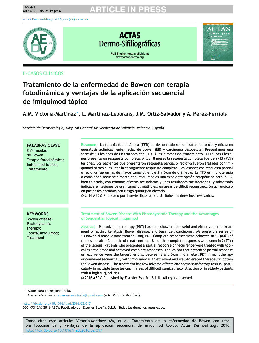 Tratamiento de la enfermedad de Bowen con terapia fotodinámica y ventajas de la aplicación secuencial de imiquimod tópico