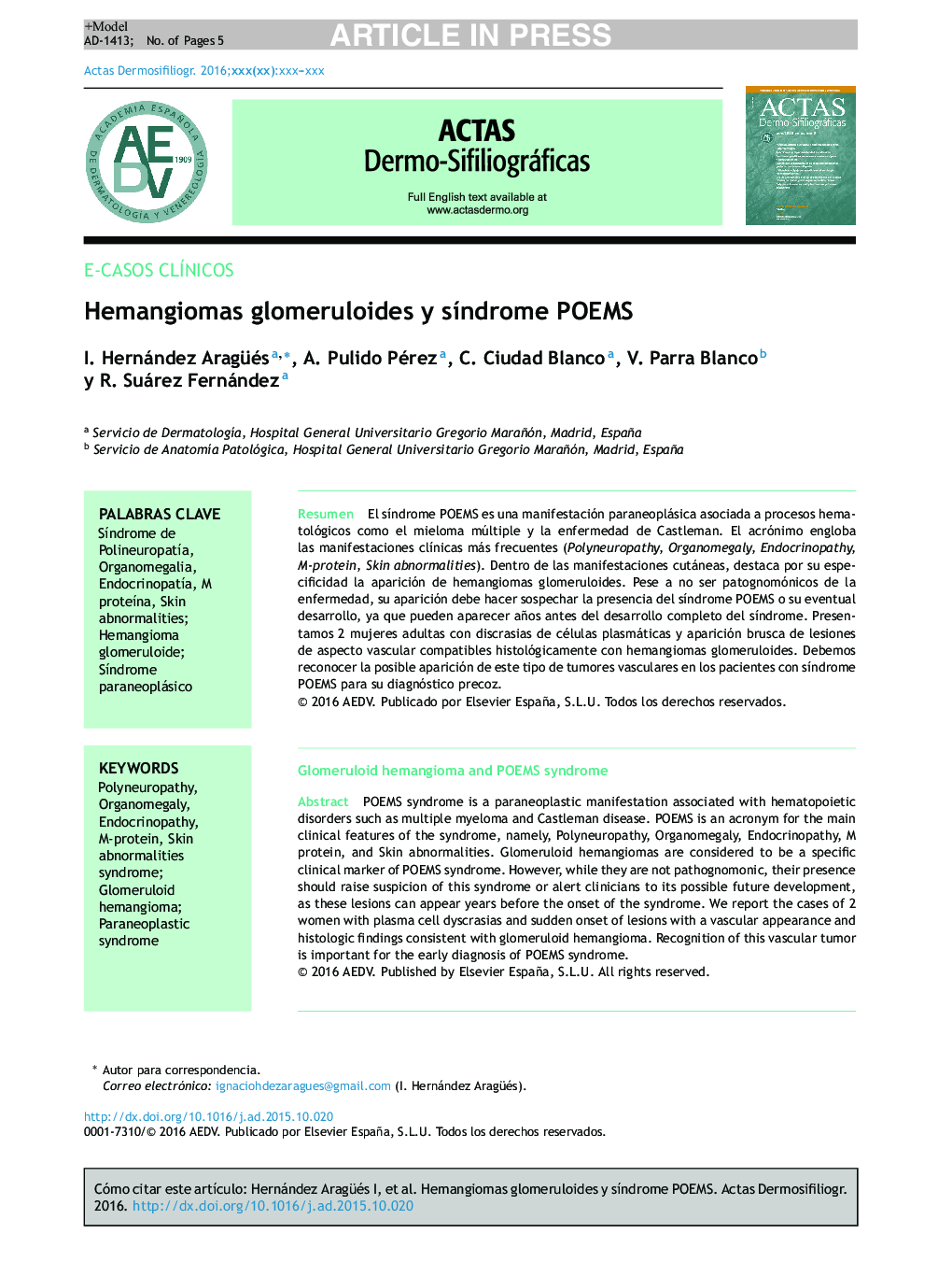 Hemangiomas glomeruloides y sÃ­ndrome POEMS