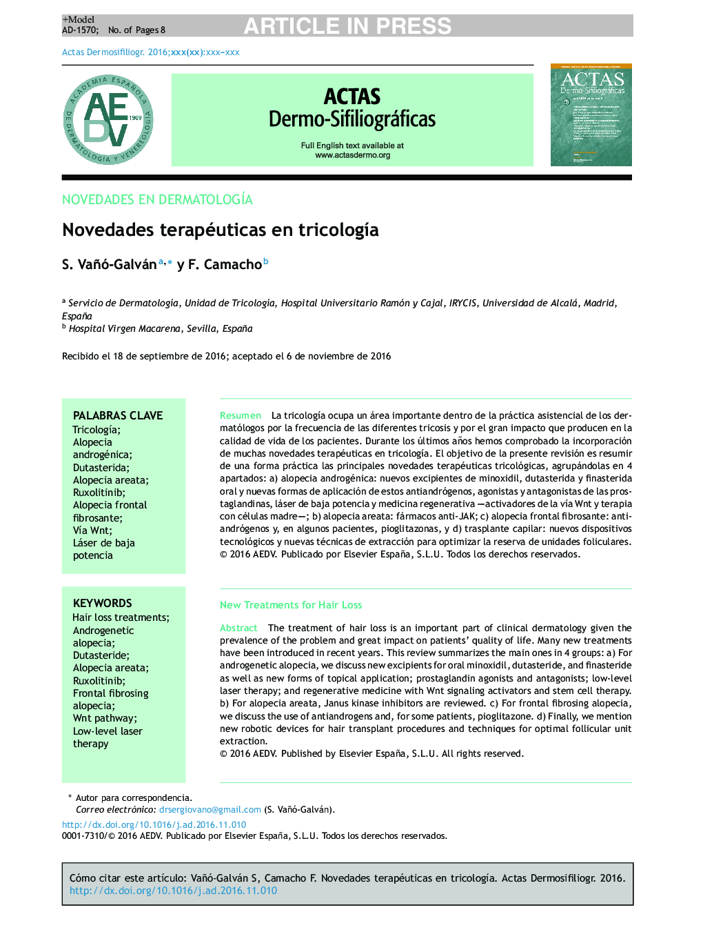 Novedades terapéuticas en tricologÃ­a