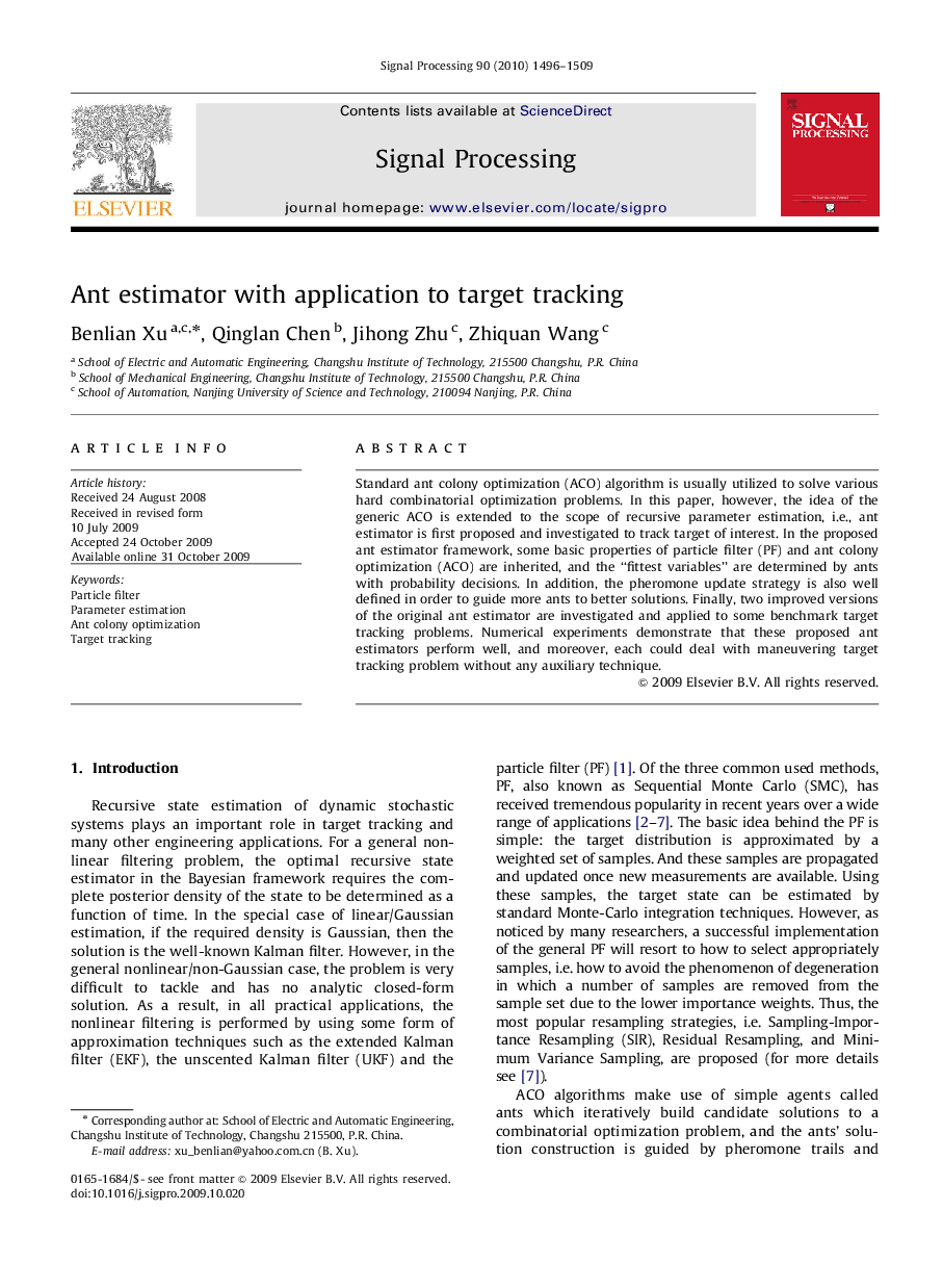 Ant estimator with application to target tracking