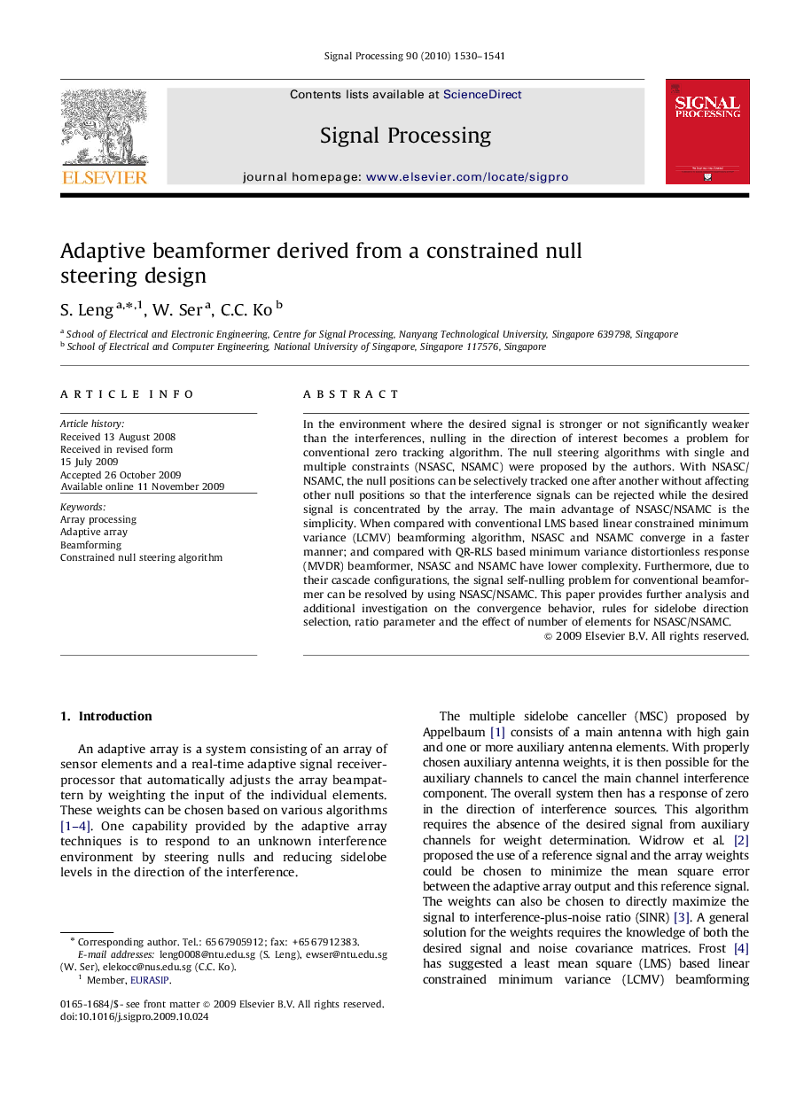 Adaptive beamformer derived from a constrained null steering design