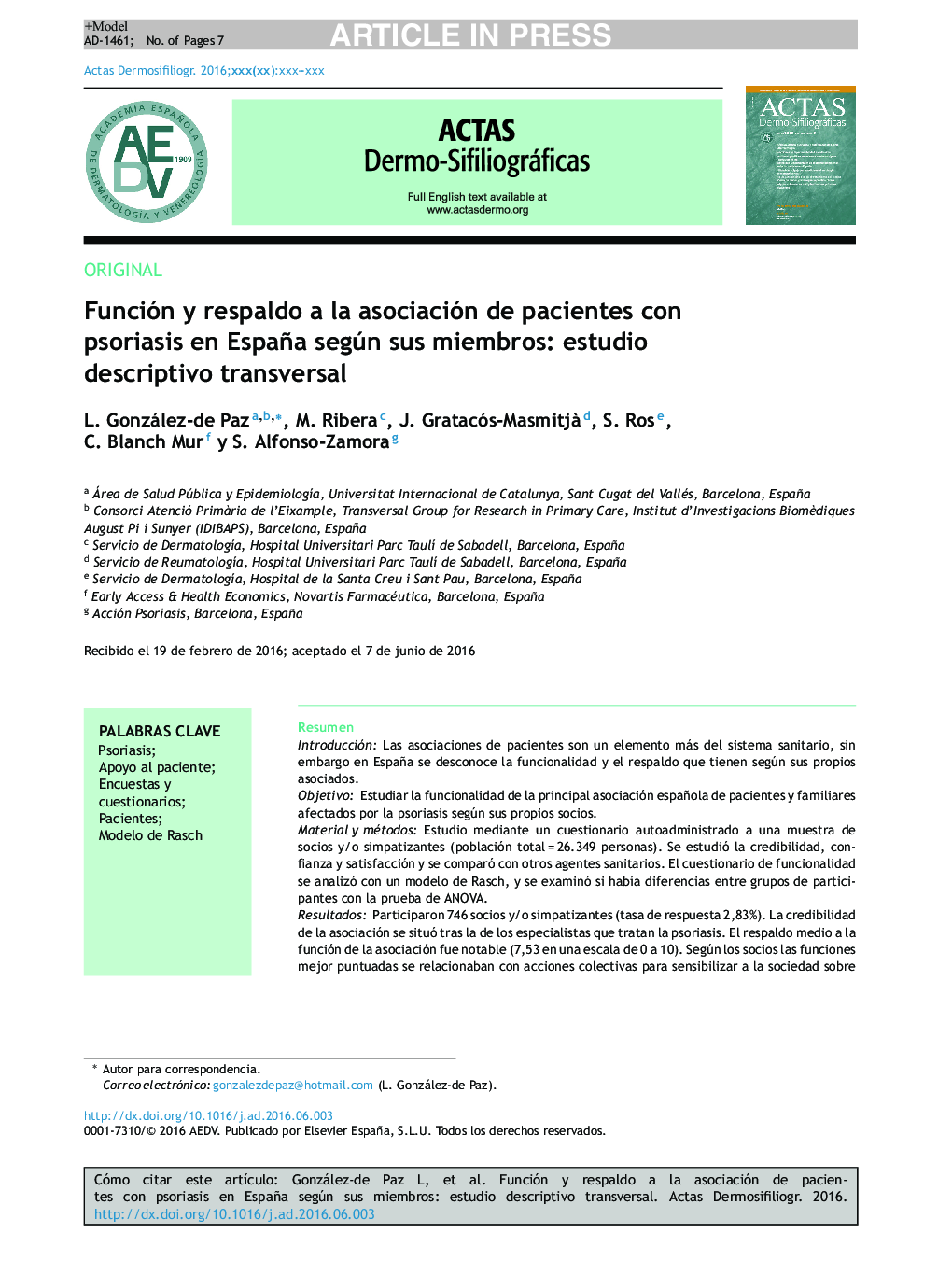 Función y respaldo a la asociación de pacientes con psoriasis en España según sus miembros: estudio descriptivo transversal