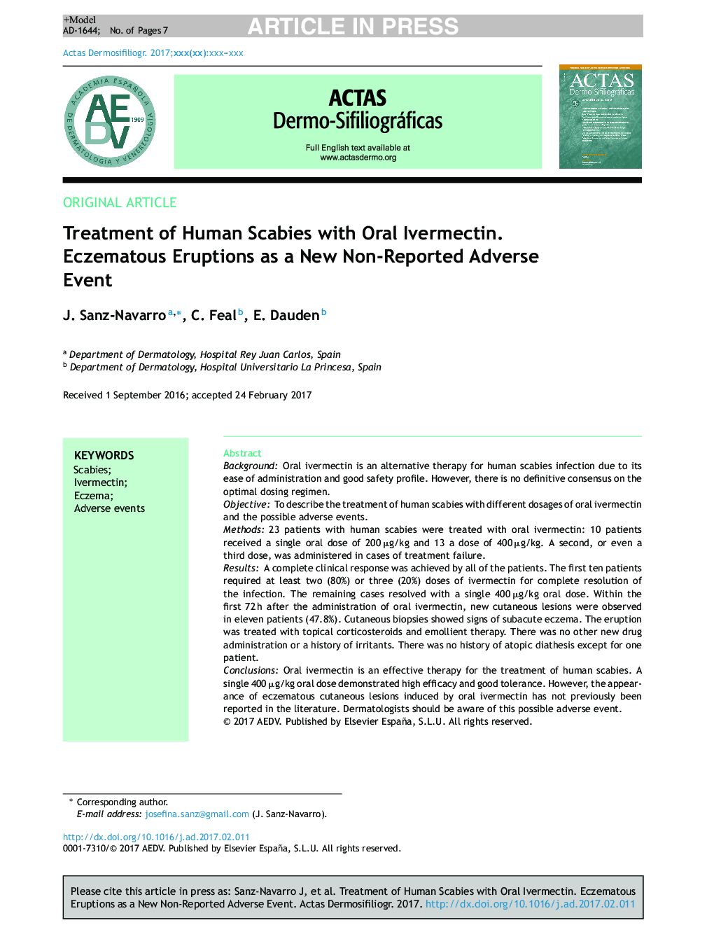 Treatment of Human Scabies with Oral Ivermectin. Eczematous Eruptions as a New Non-Reported Adverse Event