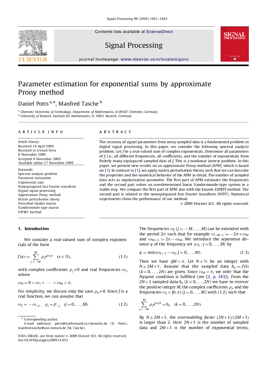 Parameter estimation for exponential sums by approximate Prony method