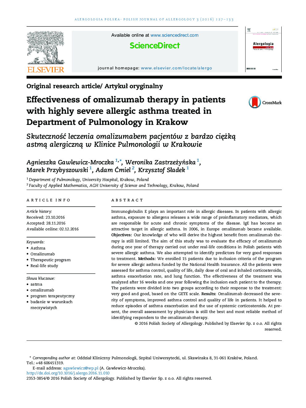 Effectiveness of omalizumab therapy in patients with highly severe allergic asthma treated in Department of Pulmonology in Krakow