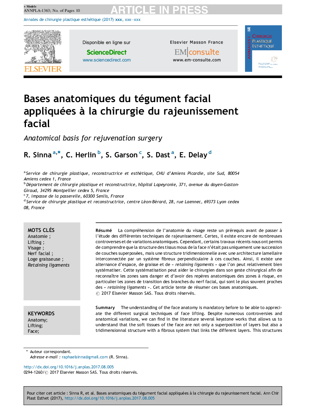 Bases anatomiques du tégument facial appliquées Ã  la chirurgie du rajeunissement facial