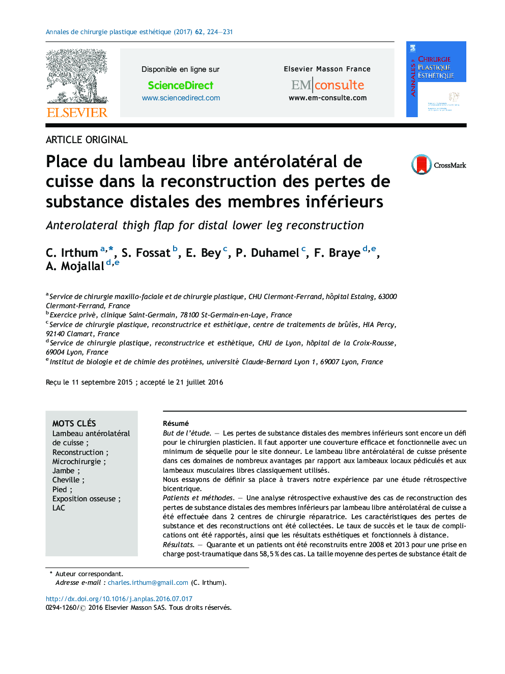 Place du lambeau libre antérolatéral de cuisse dans la reconstruction des pertes de substance distales des membres inférieurs