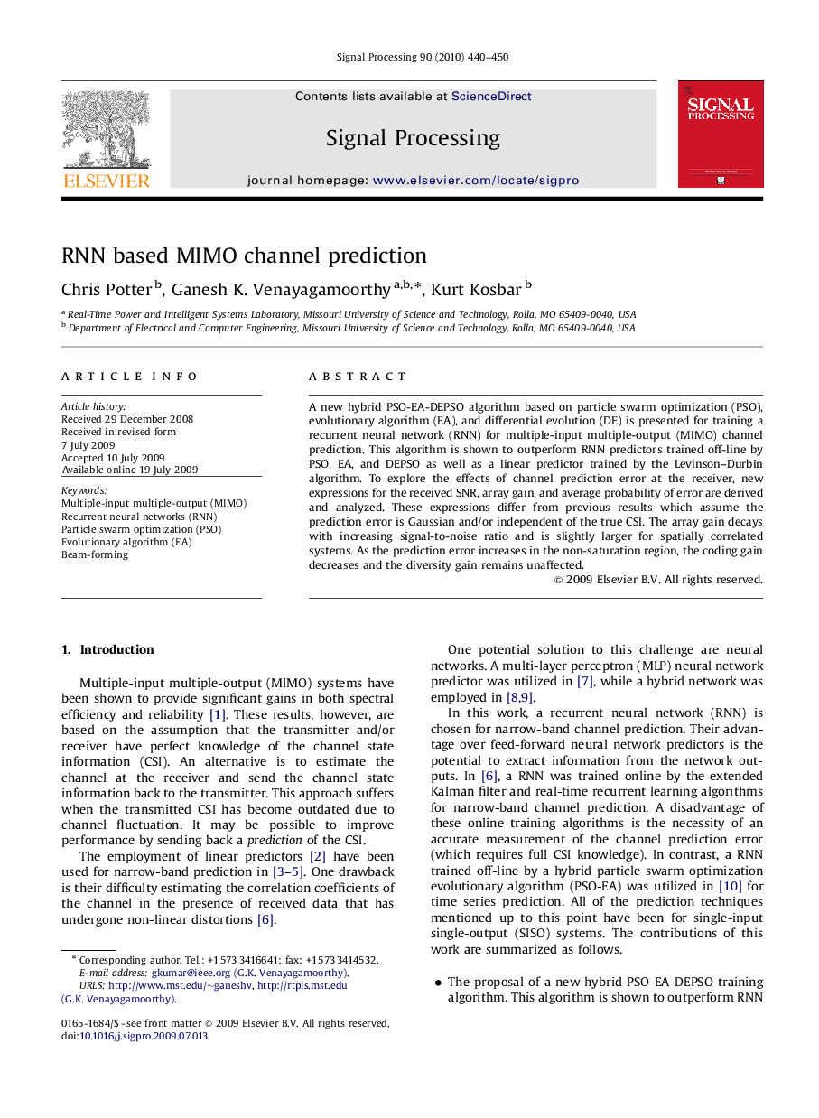 RNN based MIMO channel prediction