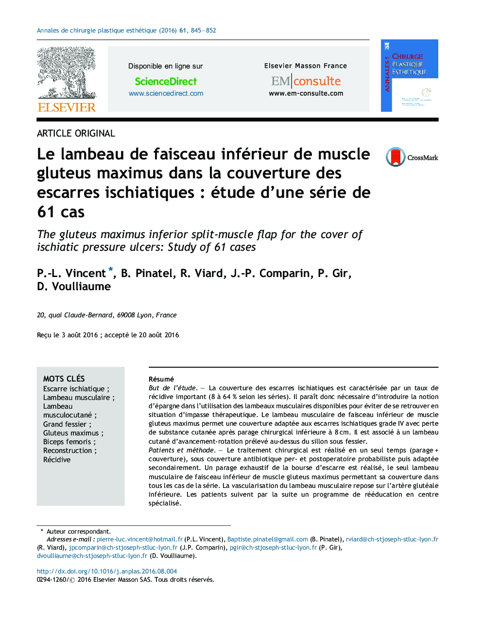 Le lambeau de faisceau inférieur de muscle gluteus maximus dans la couverture des escarres ischiatiquesÂ : étude d'une série de 61Â cas