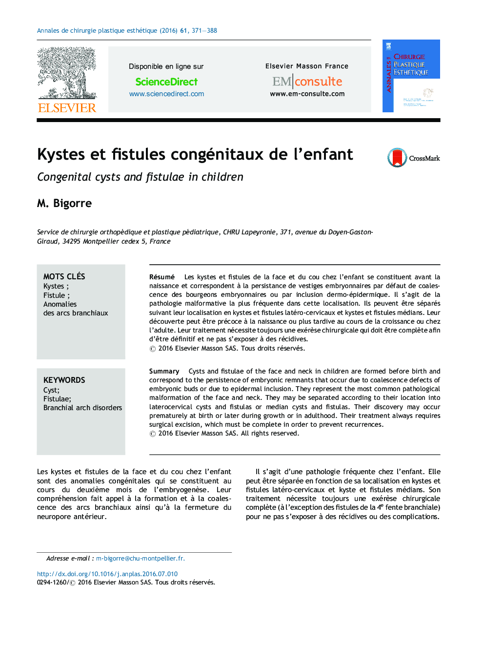 Kystes et fistules congénitaux de l'enfant