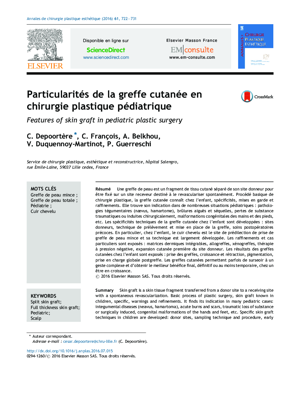 Particularités de la greffe cutanée en chirurgie plastique pédiatrique