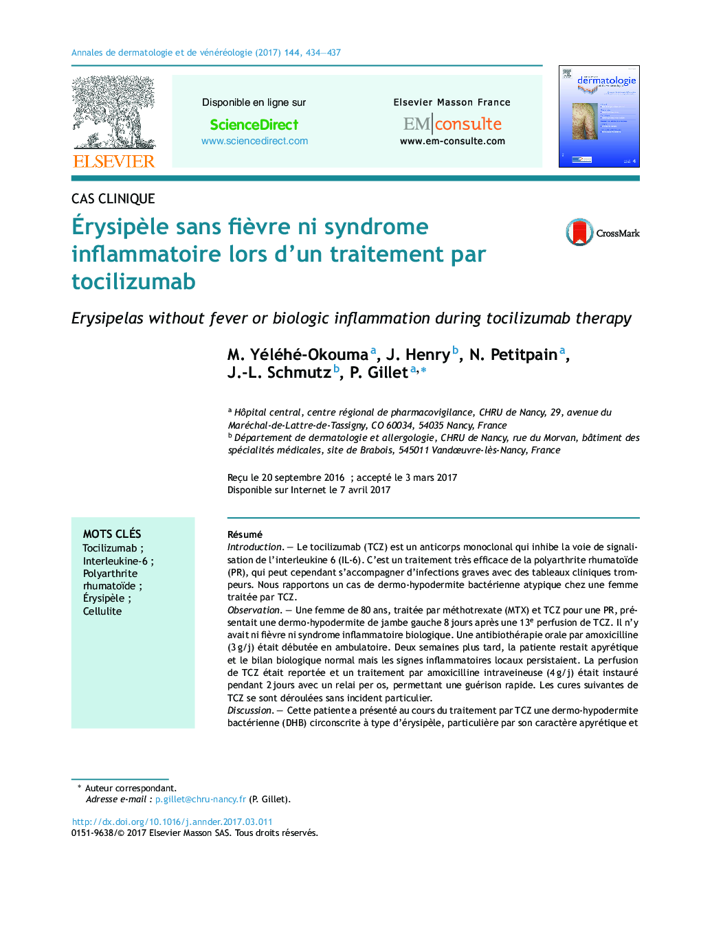 ÃrysipÃ¨le sans fiÃ¨vre ni syndrome inflammatoire lors d'un traitement par tocilizumab