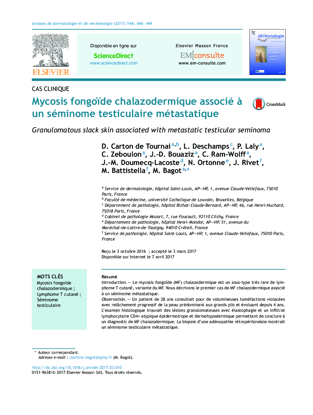 Mycosis fongoïde chalazodermique associé Ã  un séminome testiculaire métastatique