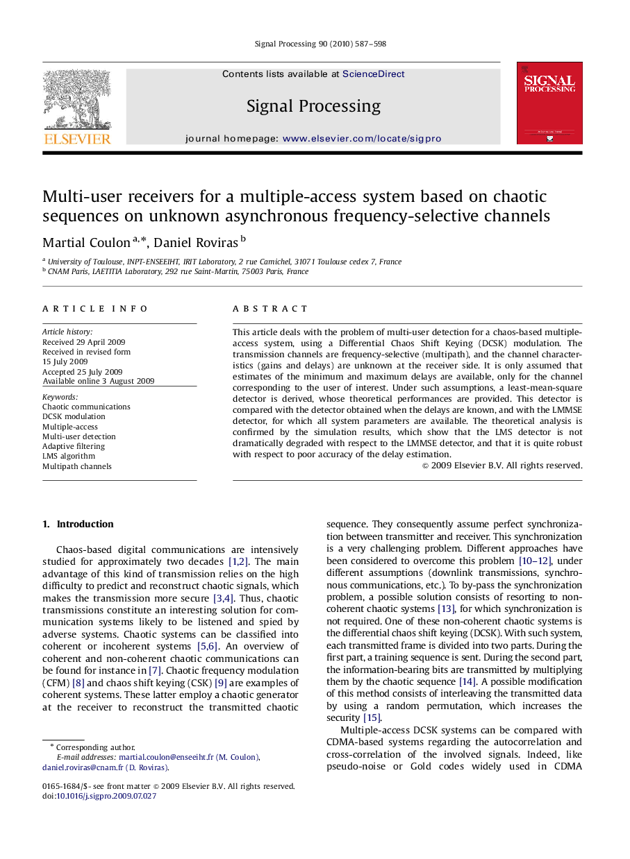 Multi-user receivers for a multiple-access system based on chaotic sequences on unknown asynchronous frequency-selective channels