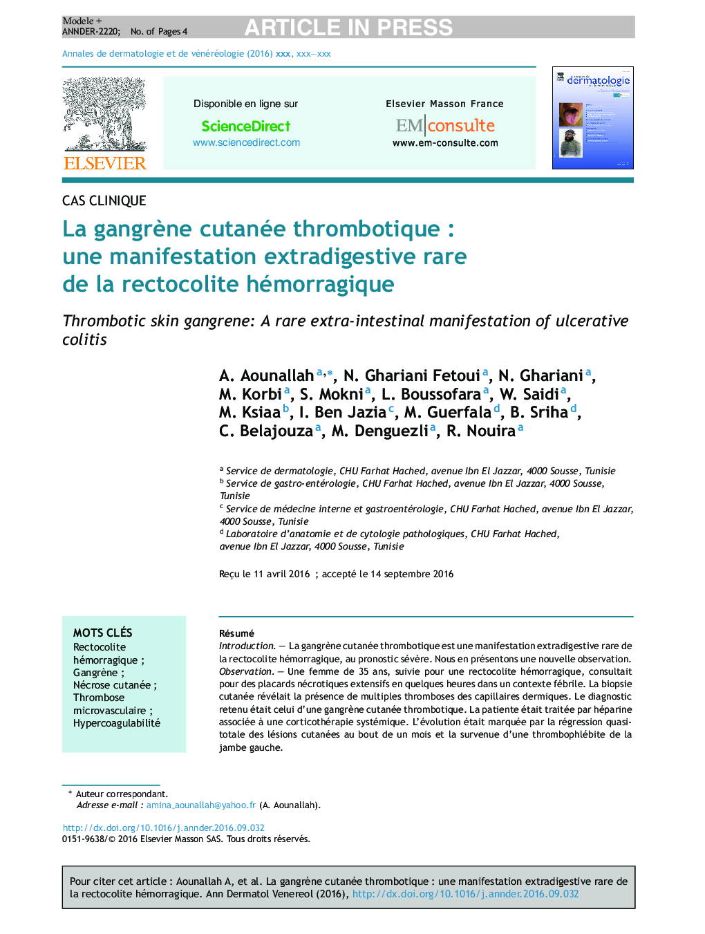 La gangrÃ¨ne cutanée thrombotiqueÂ : une manifestation extradigestive rare de la rectocolite hémorragique