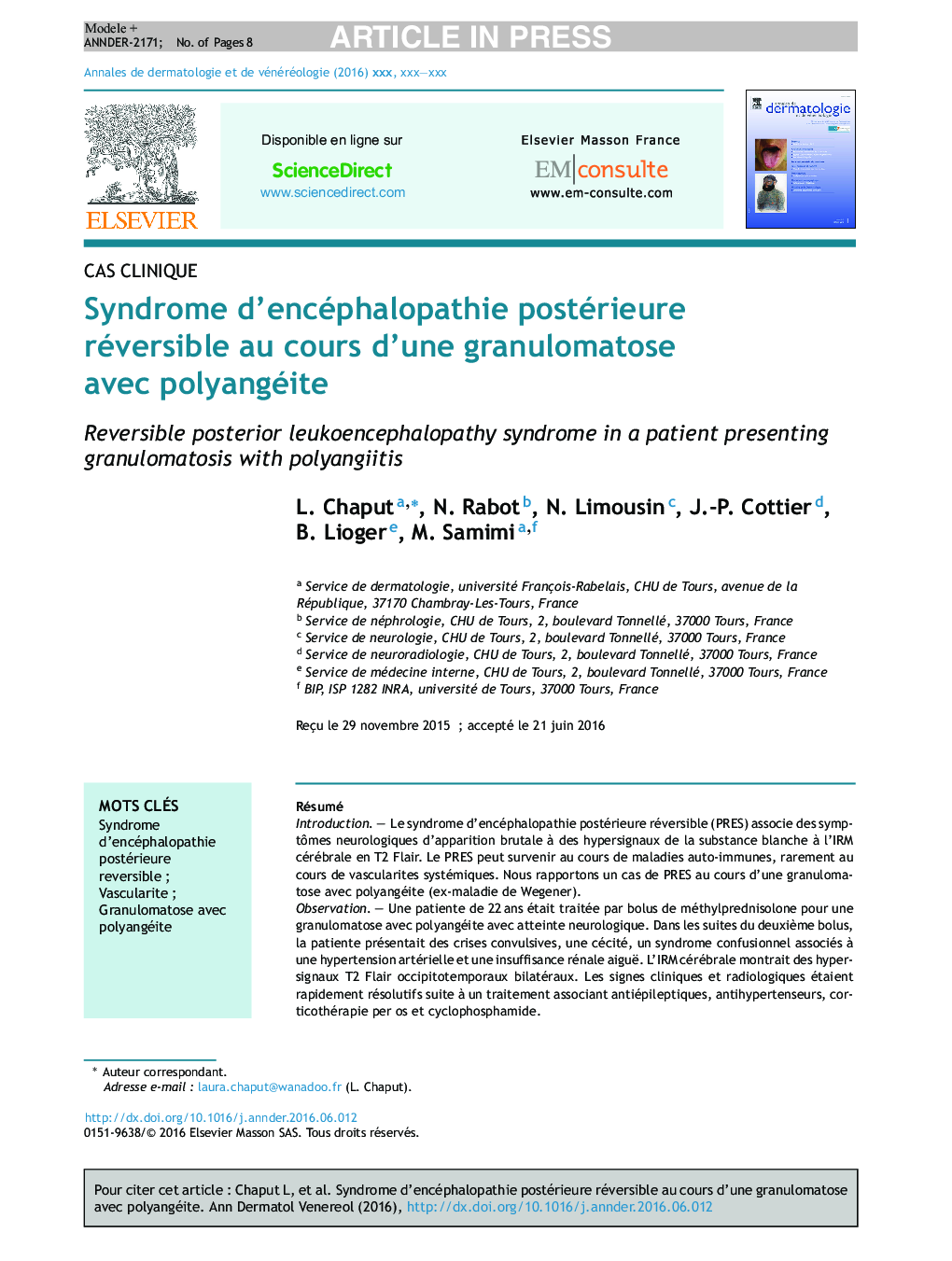 Syndrome d'encéphalopathie postérieure réversible au cours d'une granulomatose avec polyangéite