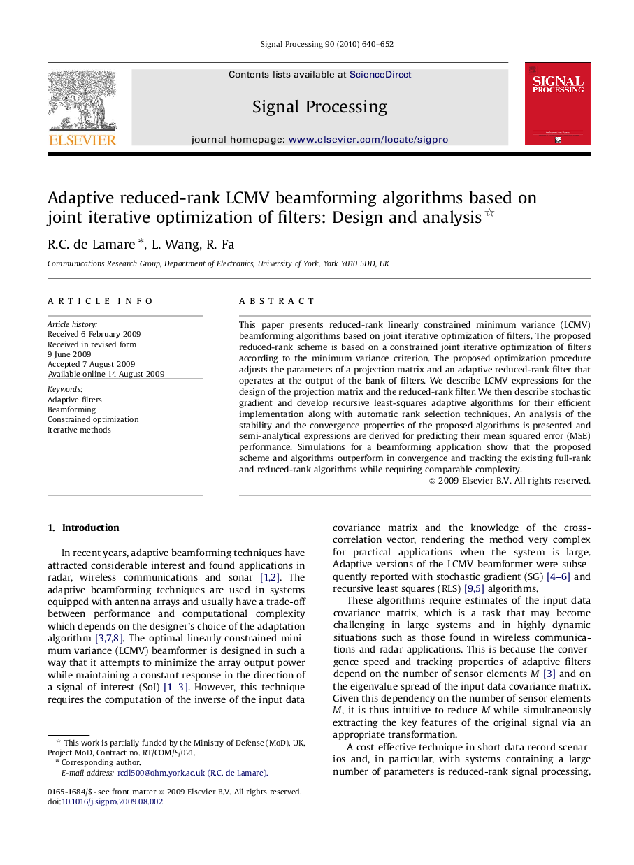 Adaptive reduced-rank LCMV beamforming algorithms based on joint iterative optimization of filters: Design and analysis 