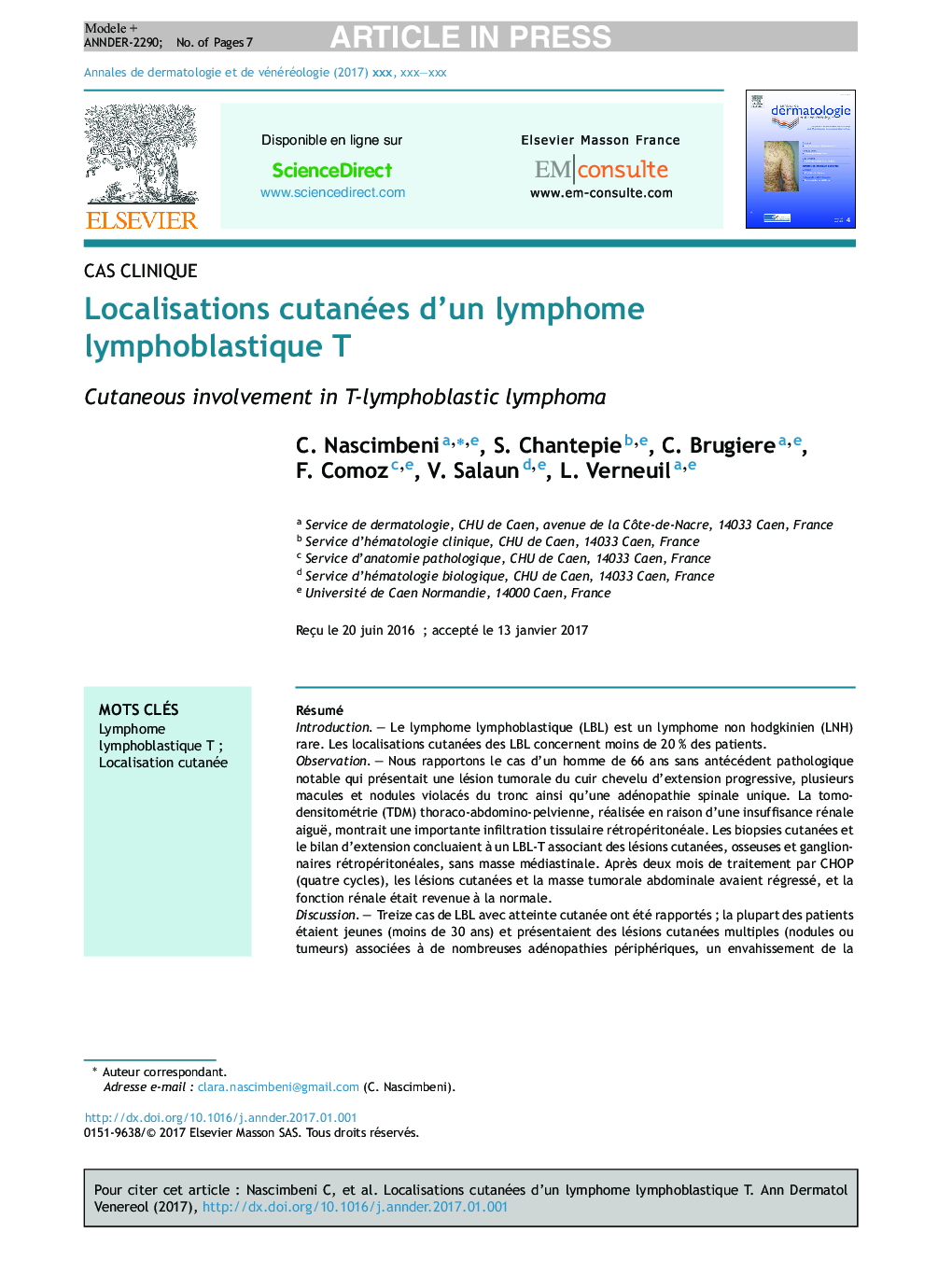 Localisations cutanées d'un lymphome lymphoblastique T