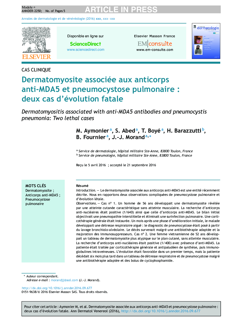 Dermatomyosite associée aux anticorps anti-MDA5Â et pneumocystose pulmonaireÂ : deux cas d'évolution fatale