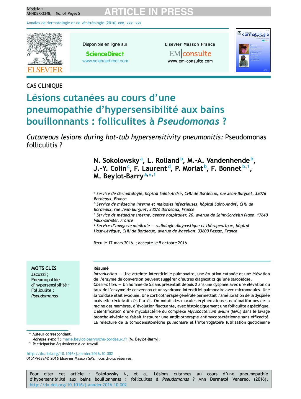 Lésions cutanées au cours d'une pneumopathie d'hypersensibilité aux bains bouillonnantsÂ : folliculites Ã  PseudomonasÂ ?