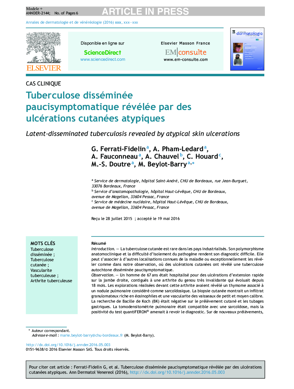 Tuberculose disséminée paucisymptomatique révélée par des ulcérations cutanées atypiques