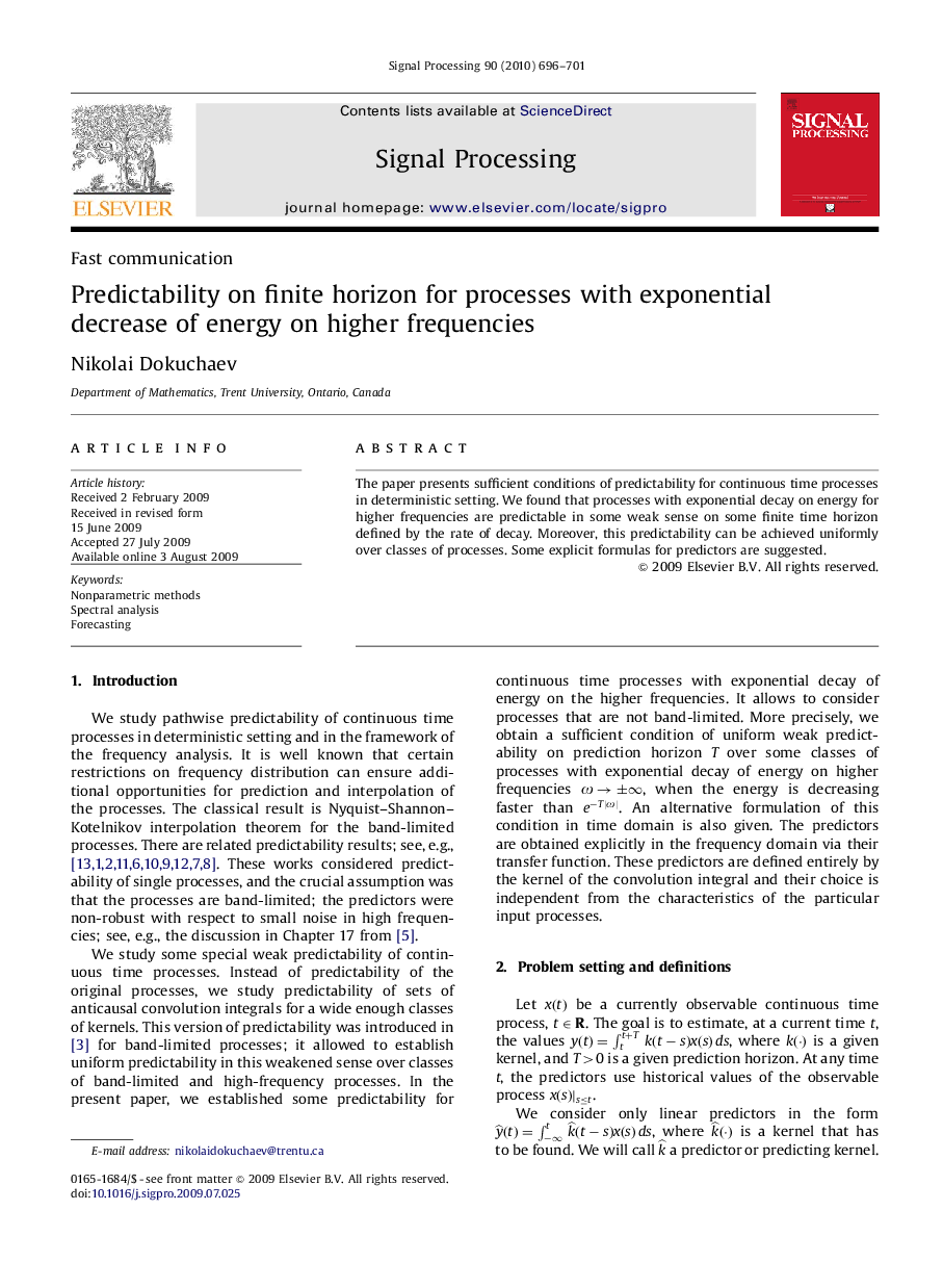 Predictability on finite horizon for processes with exponential decrease of energy on higher frequencies