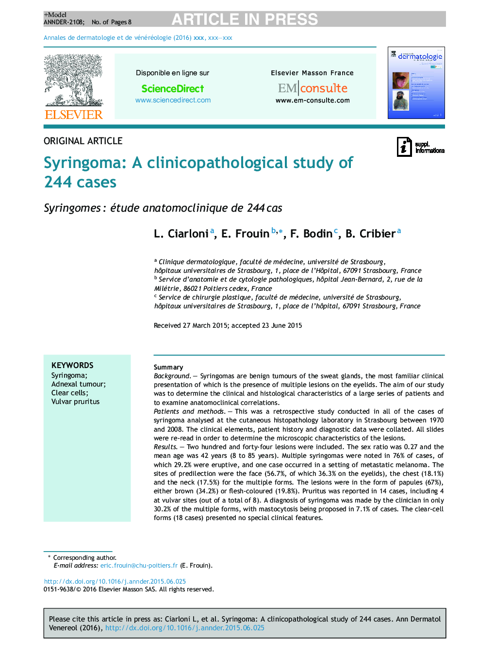 سیرینگو: یک مطالعه کلینیکوپاتولوژیک 244 مورد است 