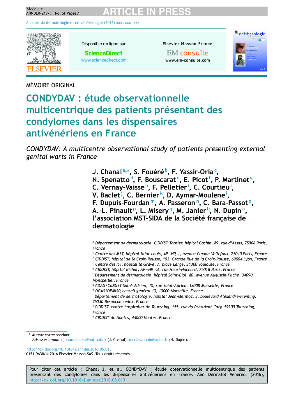 CONDYDAVÂ : étude observationnelle multicentrique des patients présentant des condylomes dans les dispensaires antivénériens en France