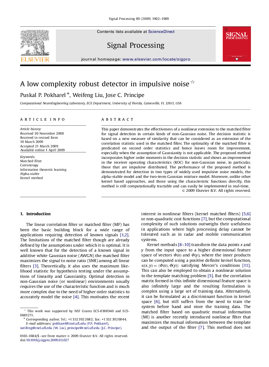 عکس صفحه اول مقاله: A low complexity robust detector in impulsive noise A low complexity robust detector in impulsive noise
