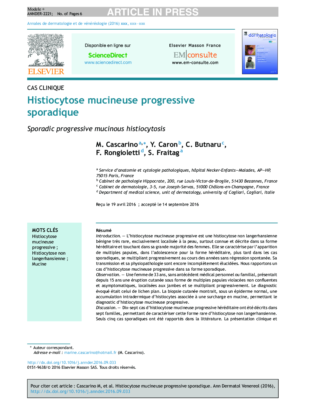 Histiocytose mucineuse progressive sporadique