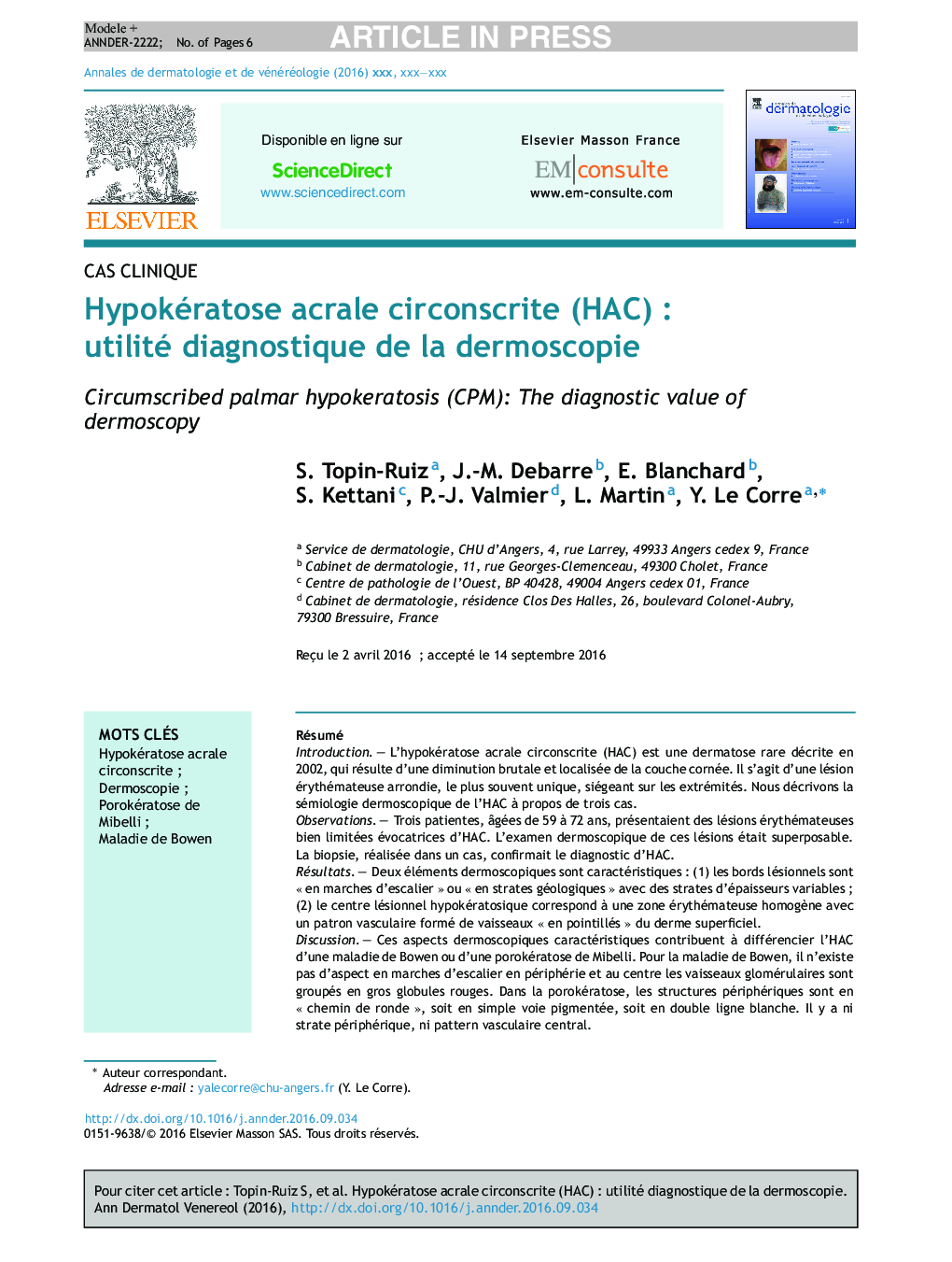 Hypokératose acrale circonscrite (HAC)Â : utilité diagnostique de la dermoscopie