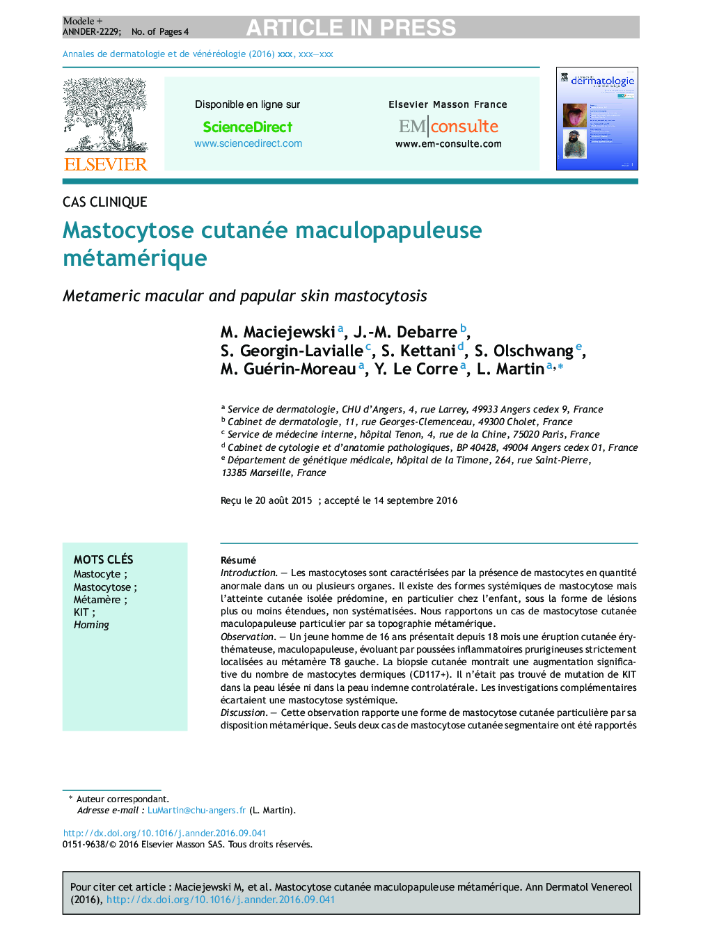 Mastocytose cutanée maculopapuleuse métamérique