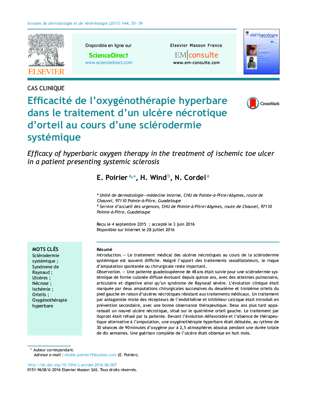 Efficacité de l'oxygénothérapie hyperbare dans le traitement d'un ulcÃ¨re nécrotique d'orteil au cours d'une sclérodermie systémique