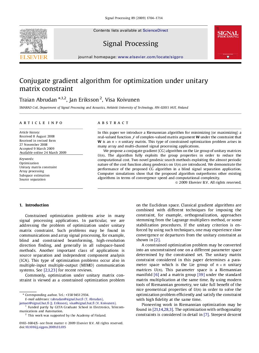 Conjugate gradient algorithm for optimization under unitary matrix constraint