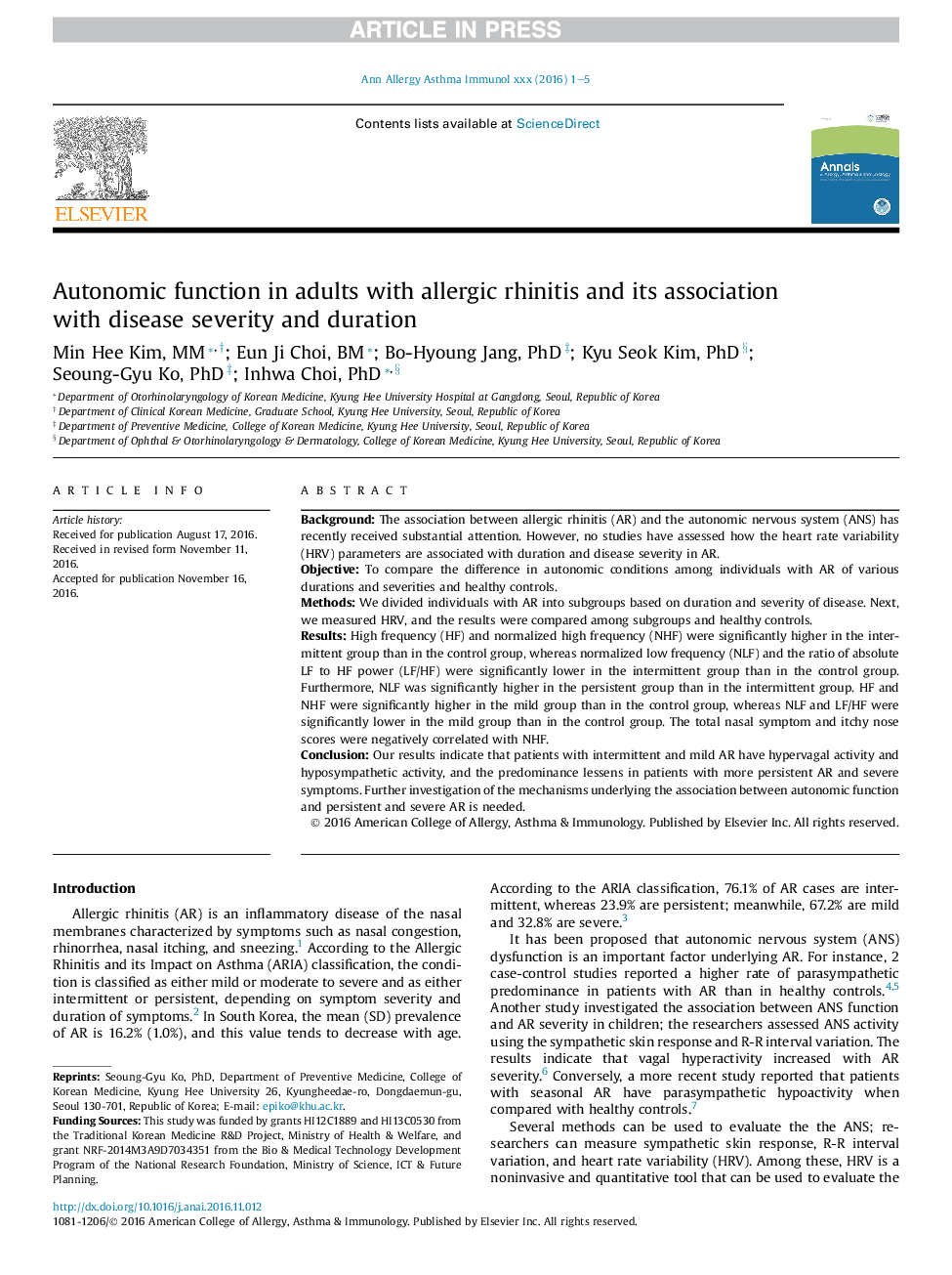 Autonomic function in adults with allergic rhinitis and its association with disease severity and duration