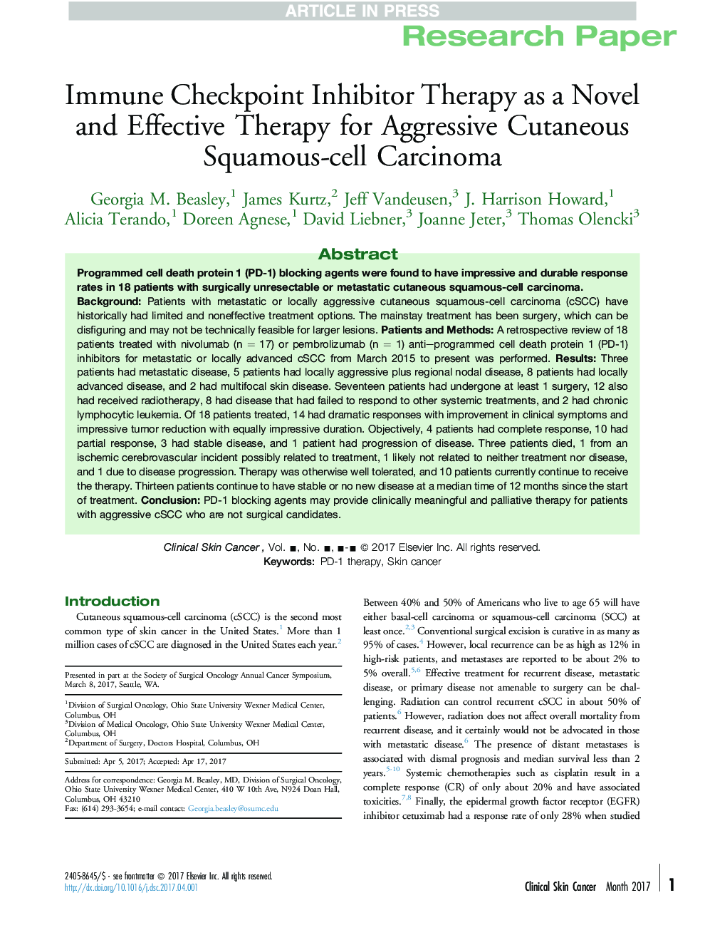 Immune Checkpoint Inhibitor Therapy as a Novel and Effective Therapy for Aggressive Cutaneous Squamous-cell Carcinoma