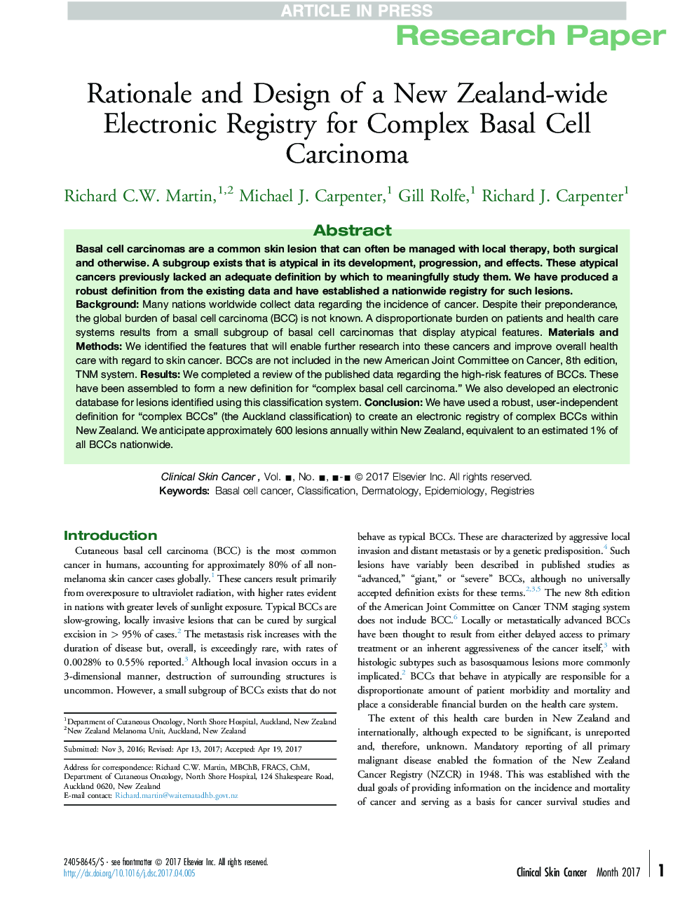 Rationale and Design of a New Zealand-wide Electronic Registry for Complex Basal Cell Carcinoma