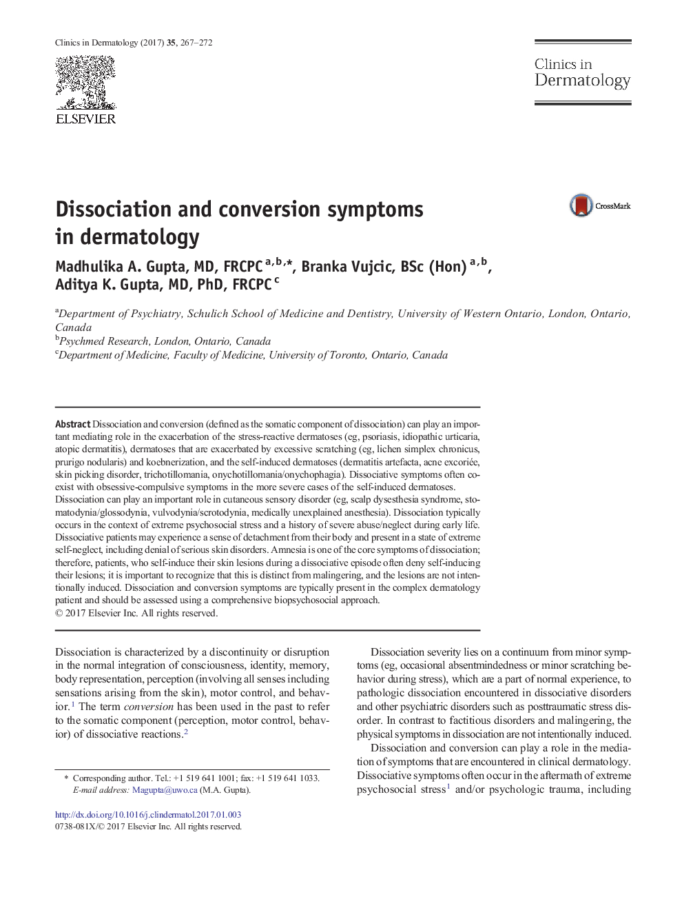 Dissociation and conversion symptoms in dermatology