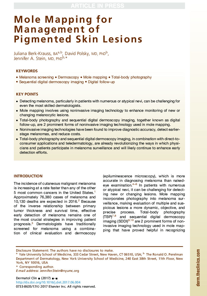 Mole Mapping for Management of Pigmented Skin Lesions