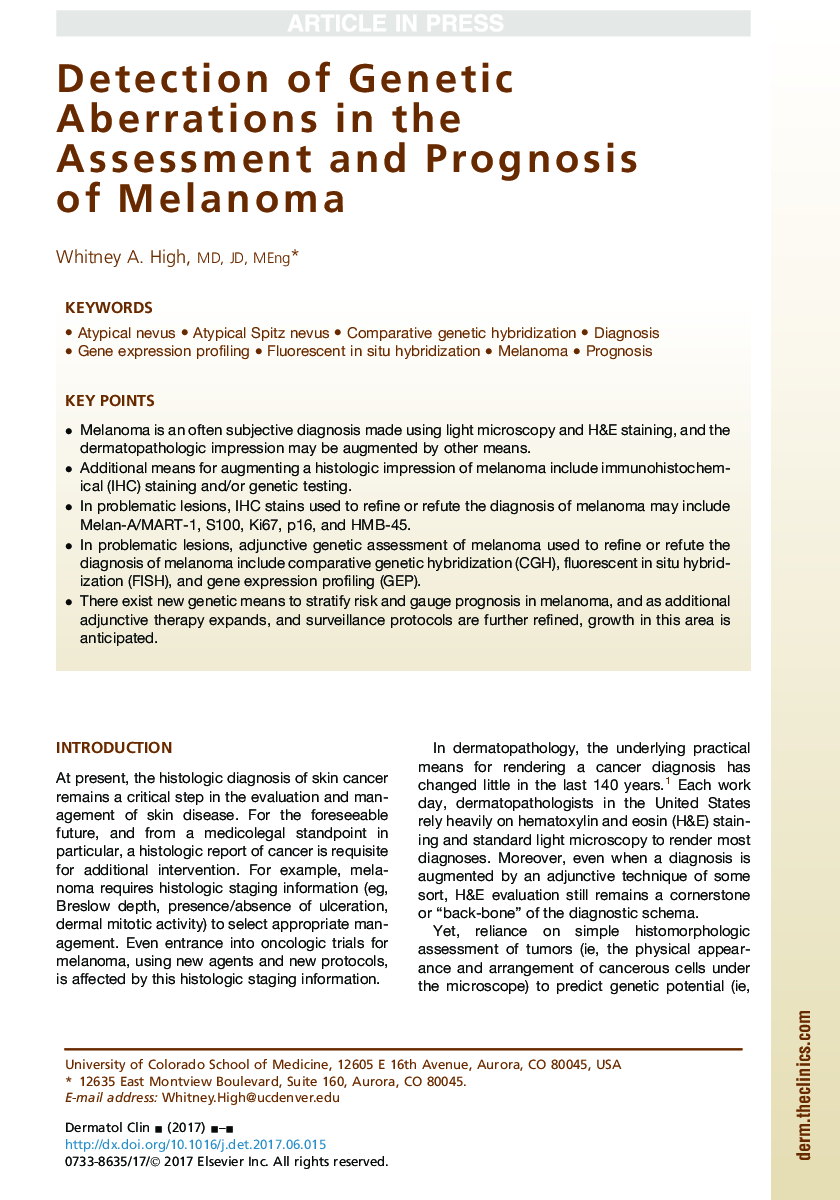 Detection of Genetic Aberrations in the Assessment and Prognosis of Melanoma