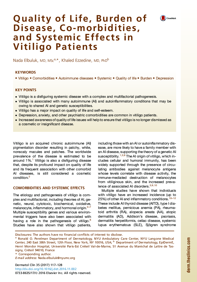 Quality of Life, Burden of Disease, Co-morbidities, and Systemic Effects in VitiligoÂ Patients