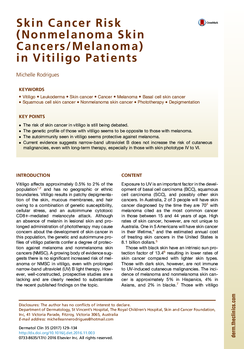 Skin Cancer Risk (Nonmelanoma Skin Cancers/Melanoma) in Vitiligo Patients