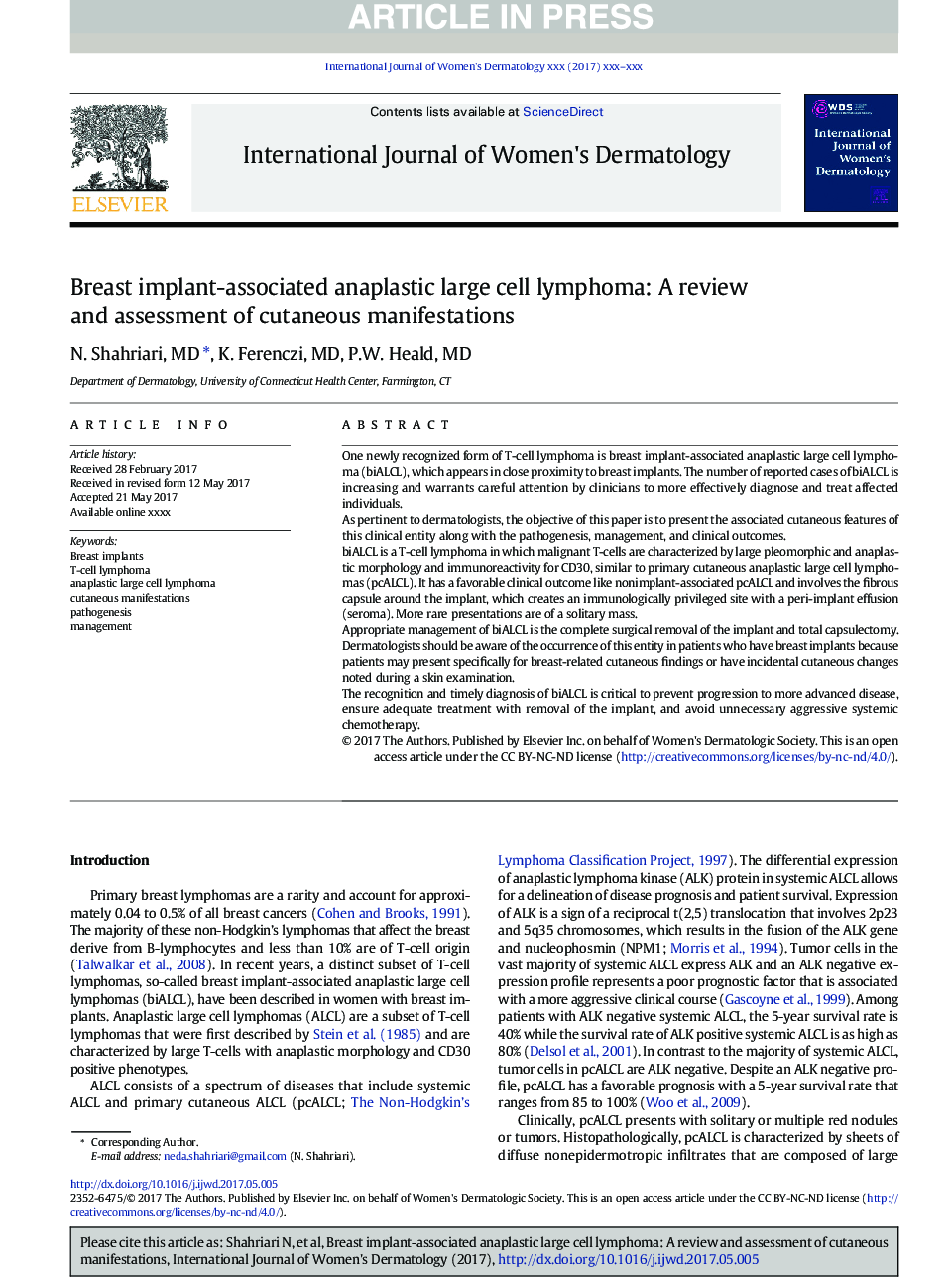 Breast implant-associated anaplastic large cell lymphoma: A review and assessment of cutaneous manifestations