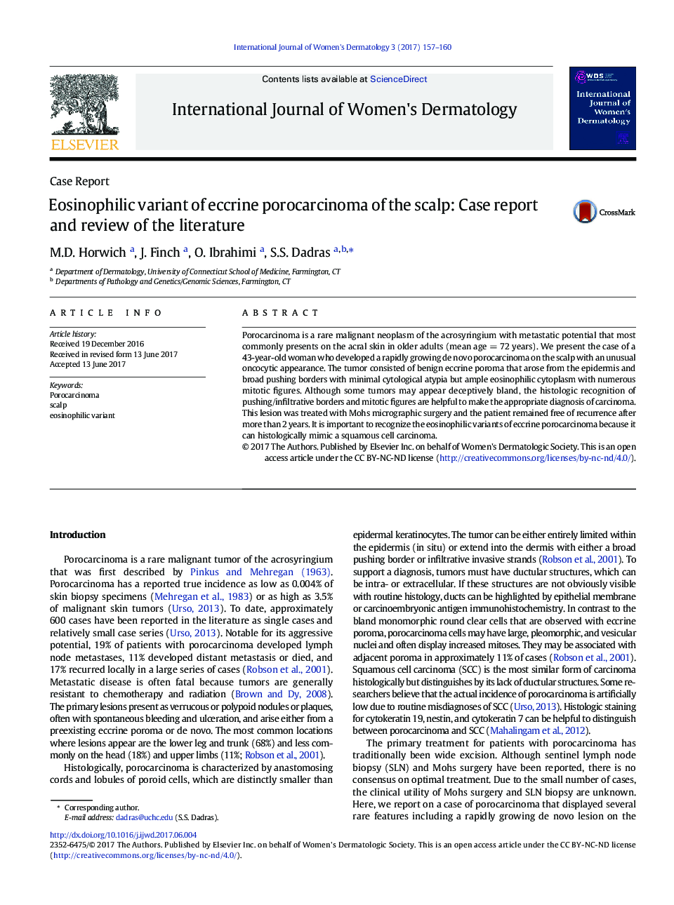 Eosinophilic variant of eccrine porocarcinoma of the scalp: Case report and review of the literature