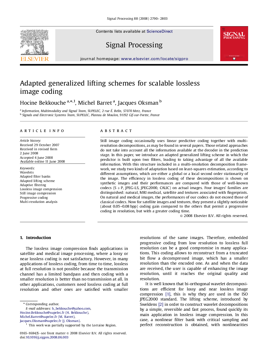 Adapted generalized lifting schemes for scalable lossless image coding