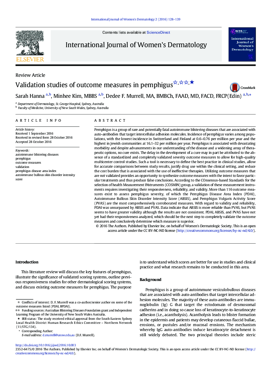 Validation studies of outcome measures in pemphigusâ